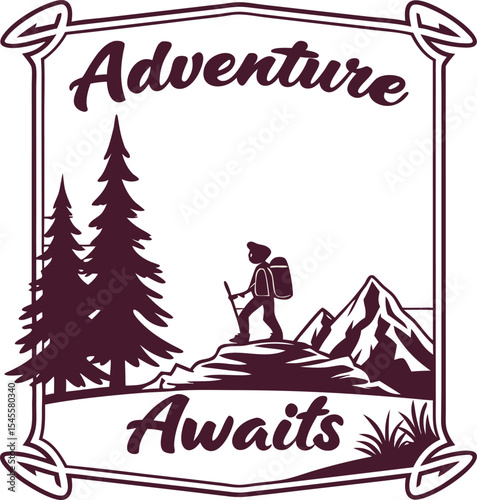  Retro vintage t-shirt design with 'Adventure Awaits' quote, mountain landscape, pine trees, and sunset stripes, isolated on transparent background.