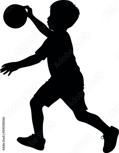  Silhouette of a child playing with a ball, captured mid-motion, vector icon