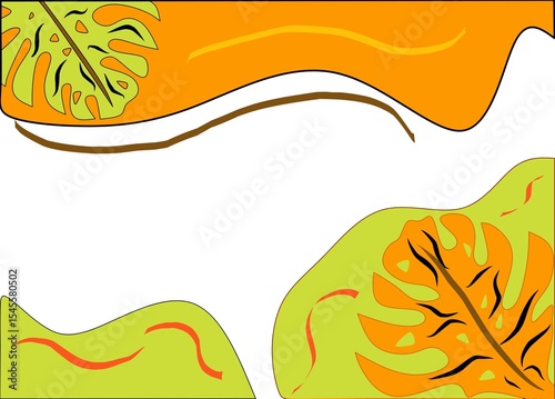 An abstract and organic illustration featuring a vibrant tropical or autumnal theme. The design is characterized by large, stylized leaves