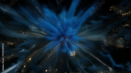cosmic blue powder explosion with glowing stars in outer space