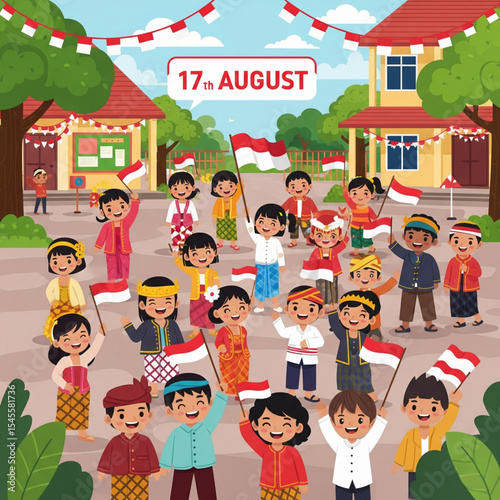 Happy Indonesian Independence Day Celebration with Children in Traditional Outfits - 17 August Vector