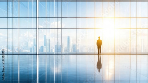 Businessman looking out at city skyline through large windows