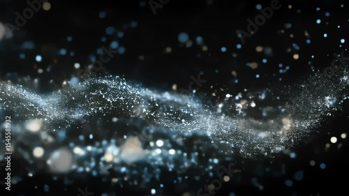 blue white glitter particles burst flowing on black space background