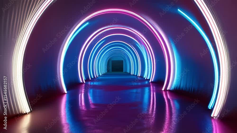 neon pink and blue light arcs with glowing reflection in tunnel