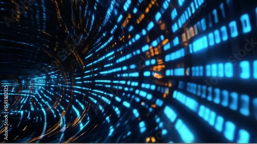 blue digital binary tunnel with glowing orange code data motion