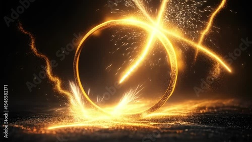 glowing golden fire ring with glitter particles on dark background