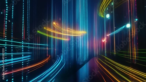 vertical neon blue pink lights with glowing particles reflection