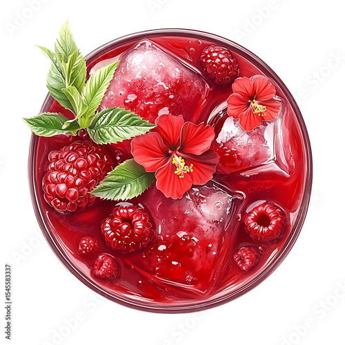 Refreshing Raspberry Drink with Ice Cubes, Red Flowers, and Mint Leaves
