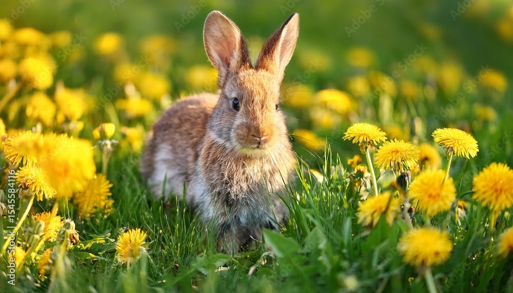 Fototapeta premium domestic rabbit on a spring meadow with fresh green grass and dandelion flowers bunny in nature