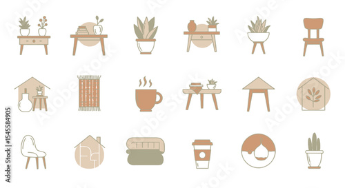 Scandinavian minimal home & lifestyle icons. Features simple, elegant lines, natural textures, and a muted, earthy color palette for a calm aesthetic.perfect for interior design,home improvement