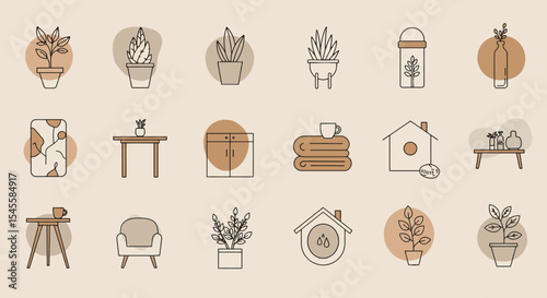 Scandinavian minimal home & lifestyle icons. Features simple, elegant lines, natural textures, and a muted, earthy color palette for a calm aesthetic.perfect for interior design,home improvement