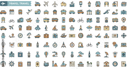 Vibrant, flat vector travel & transportation icons. Clean, simple designs with bold shapes for airplanes, cars, maps, and more. Perfect for any travel project,travel website,booking platforms