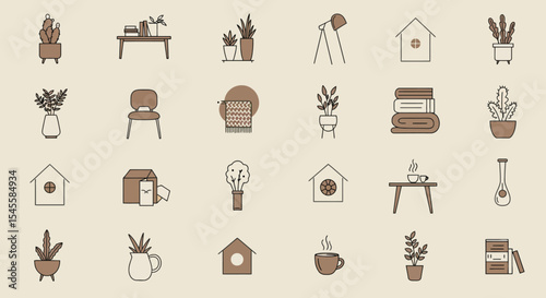 Scandinavian minimal home & lifestyle icons. Features simple, elegant lines, natural textures, and a muted, earthy color palette for a calm aesthetic.,perfect for interior design,home improvement