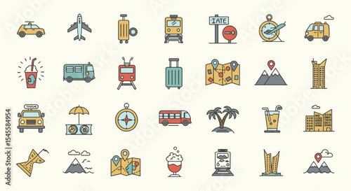 travel icons set, Vibrant, flat vector travel & transportation icons. Clean, simple designs with bold shapes for airplanes, cars, maps, and more. Perfect for ,travel website,booking platforms