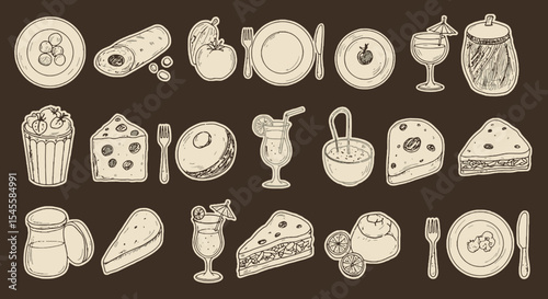 Charming, hand-drawn organic food & beverage icons. Authentic sketch-like quality with soft, natural lines perfect for rustic and healthy themes,restaurants menus,food apps,culinary website
