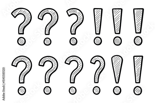 A set of hand-drawn question and exclamation marks isolated on a white background. Perfect for adding emphasis to text.