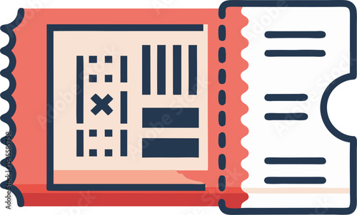 Event ticket vector: perforated edge, QR code box, date and time fields with white background.