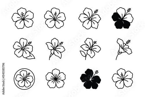 Hibiscus flower vector set for tropical and floral designs. Includes blossom and bloom shapes for botanical projects.
