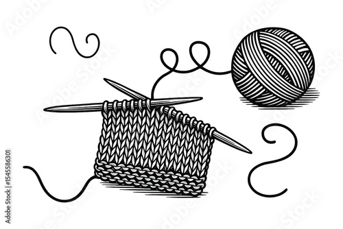 Knitting needles and yarn ball. Includes craft hobby vector line art design. Perfect for textile, handmade, and wool illustrations.