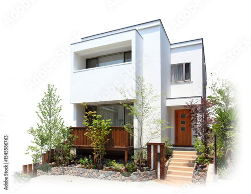 Modern white residential house exterior featuring landscaping and wooden entrance door with stairs