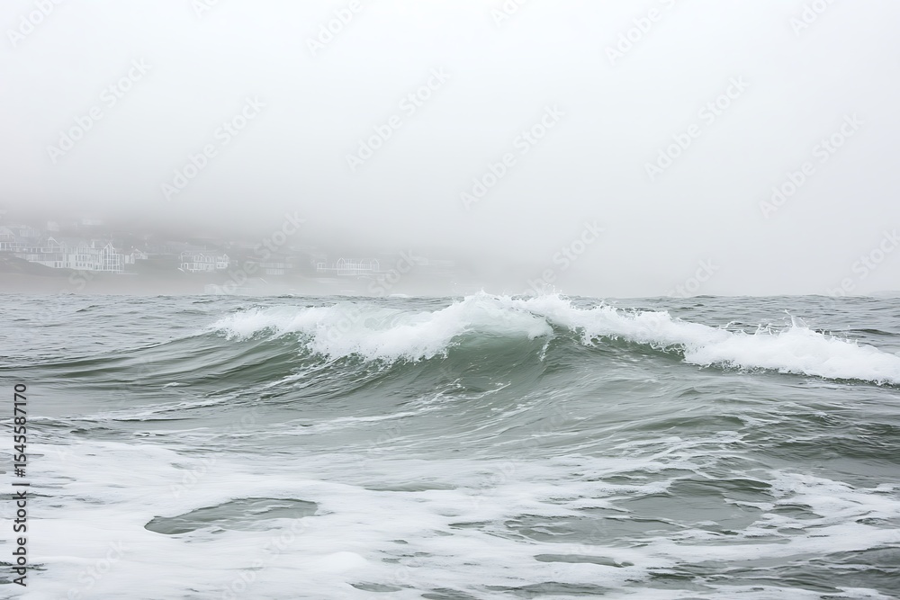 Fototapeta premium Misty Ocean Wave Breaking Near Shoreline in Foggy Weather Conditions