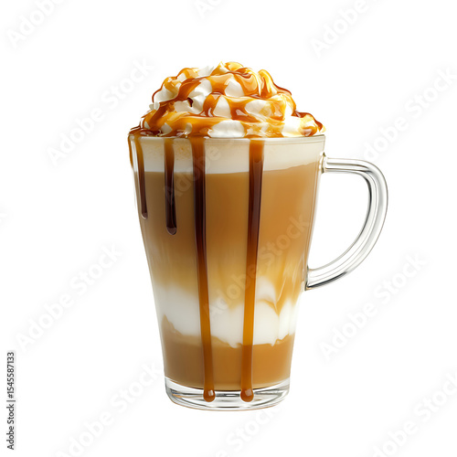 Caramel Macchiato with Whipped Cream and Caramel Drizzle in a Glass Mug