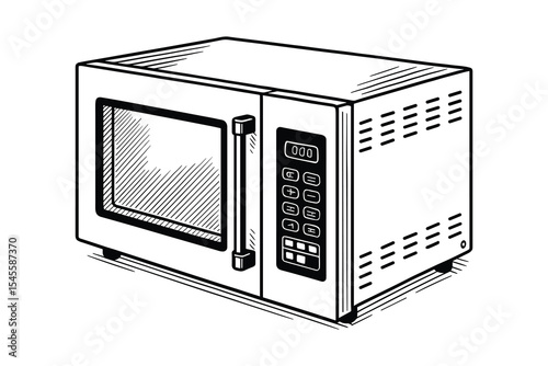Detailed Microwave Oven Illustration in Black and White Vector