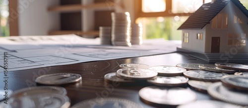 House Model with Coins and Blueprint on a Wooden Table