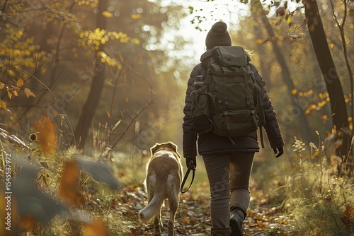Detailed Color Image of Full Shot Traveler Walking Dog in Forest
