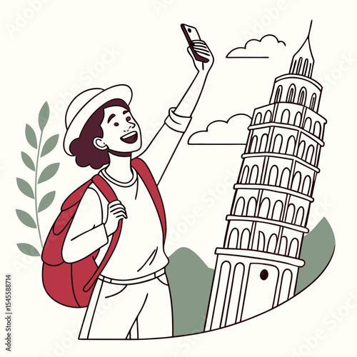 Happy tourist taking selfie with leaning tower of pisa italy travel