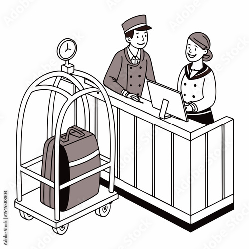 Hotel reception desk bellhop luggage cart service