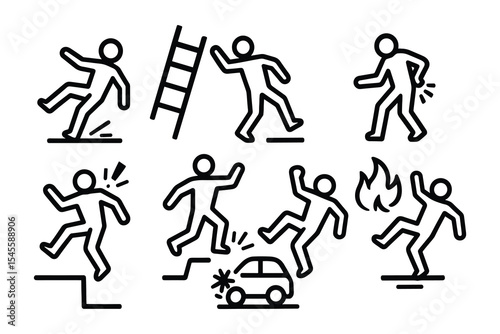 A set of accident prevention pictograms featuring safety hazard warning symbols. Includes falling, ladder, steps, car accident, and fire.