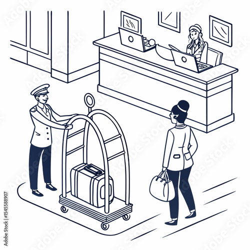 Hotel bellhop assisting guest with luggage at reception desk