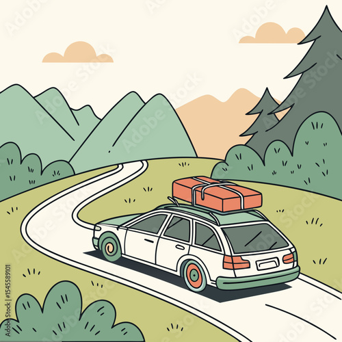 Family road trip scenic mountain drive vacation car luggage