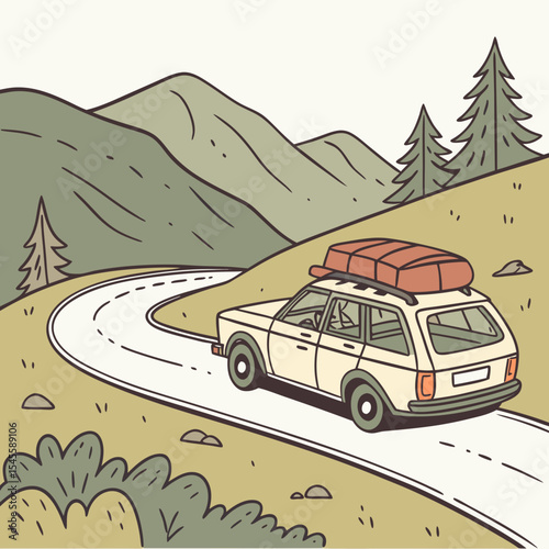 Vintage station wagon road trip mountain scenery