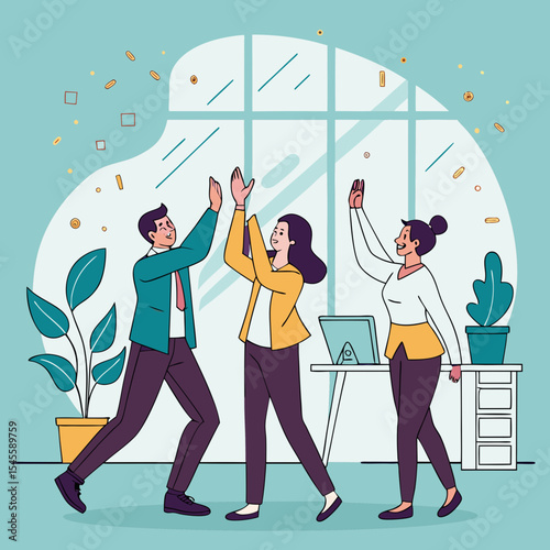 Happy business team celebrating success high five teamwork office