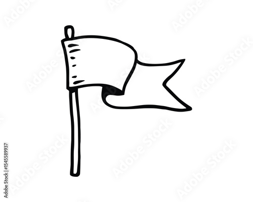 Waving Pennant Banner on Pole - Simple Black and White Line Art