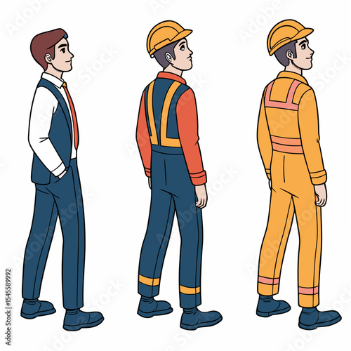 Professional man career progression stages business worker construction worker