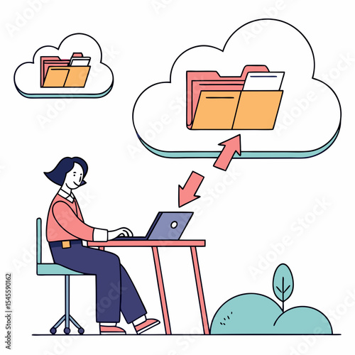 Woman working on laptop uploading files to cloud storage