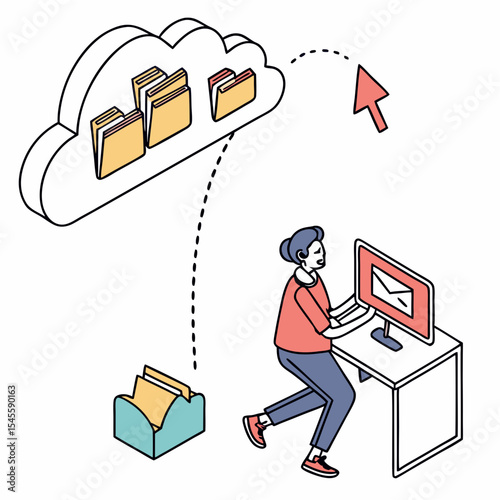 Person working on computer with cloud data transfer illustration