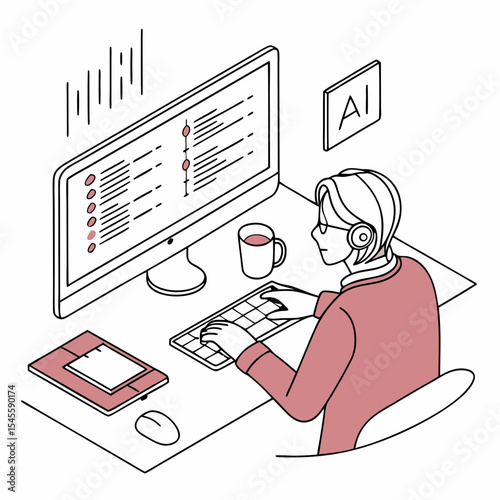 Professional isometric illustration ai programmer working on computer
