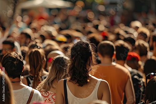 Woman in the City Festival Audience Many People Crowded City People Watching an Event in the City
