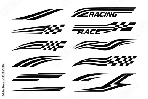 Set of racing stripes for car decals. Includes checkered flag and speed line designs for automotive graphics and decoration.