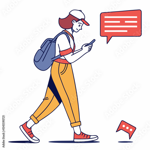 Young woman walking uses smartphone texting messaging app