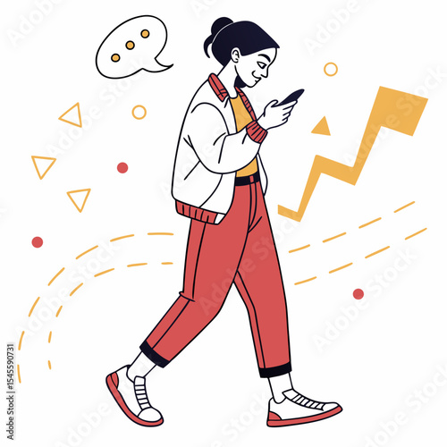 Young woman walking using smartphone upward trending graph