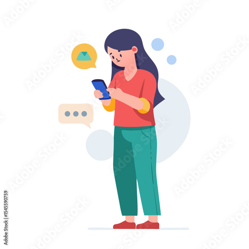 Woman using smartphone messaging app clean cutout illustration