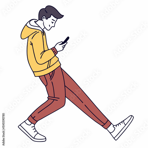 Young man walking using smartphone mobile phone app