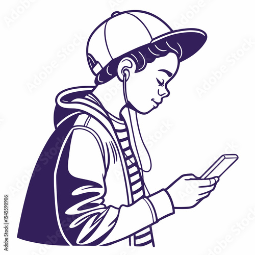 Cool boy listening music smartphone earbuds hoodie