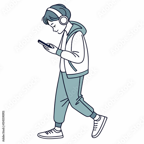 Young person walking listening music smartphone