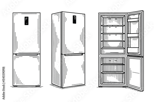 Engraved Fridge vector illustration. Kitchen appliance, cooling, and storage design element for your project. Sketch line drawing style.